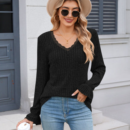 Lace Detail V-Neck Long Sleeve T-Shirt