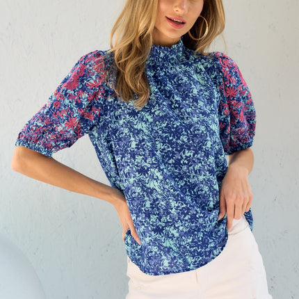 Hailey & Co Embroidered Puff Sleeve Printed Blouse