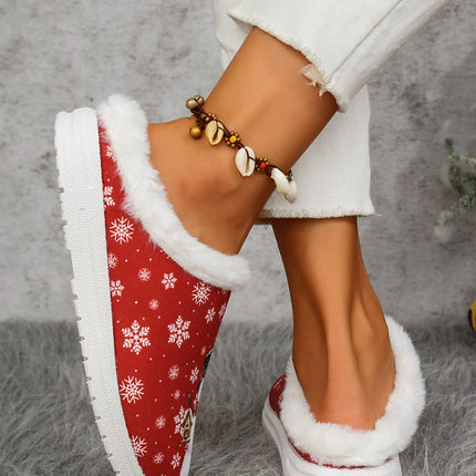 Snowman Print Flat Slippers with Faux Fur