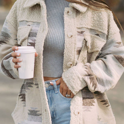 Geometric Button Up Long Sleep Fuzzy Jacket