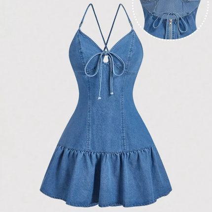 Tie-Front Denim Dress with Ruffled Hem