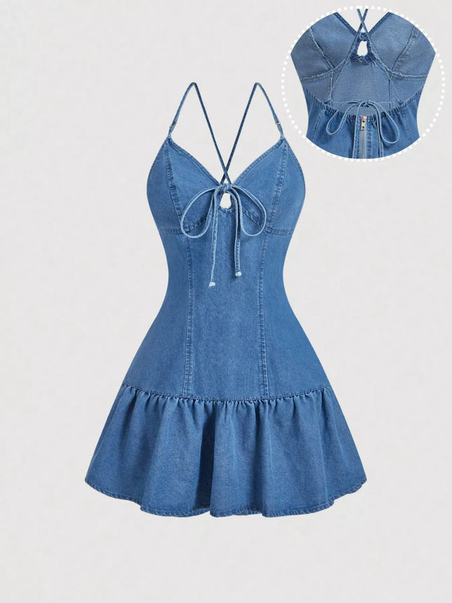 Tie-Front Denim Dress with Ruffled Hem