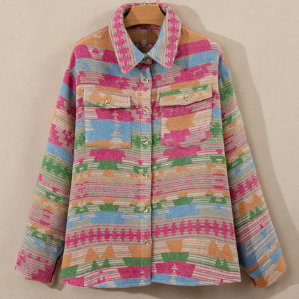 Plus Size Pocketed Printed Collared Neck Jacket