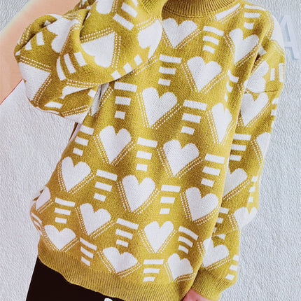 Heart Contrast Long Sleeve Dropped Shoulder Sweater