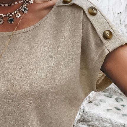 Decorative Button Round Neck Short Sleeve Blouse