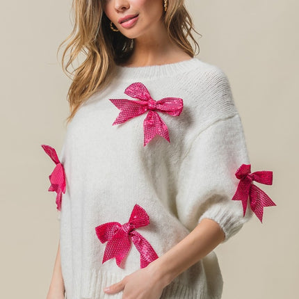 BiBi Sequin Bow Puff Sleeve Sweater