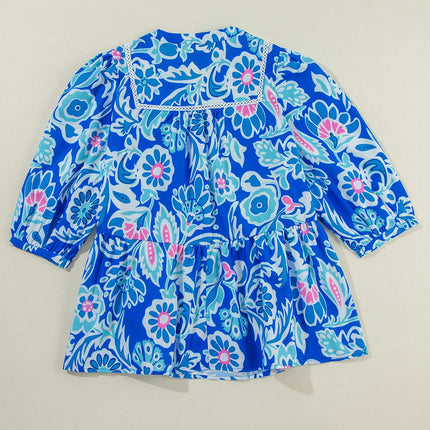Printed Notched Three-Quarter Sleeve Blouse
