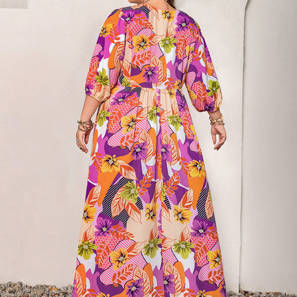 Plus Size Printed Tie Neck Maxi Dress