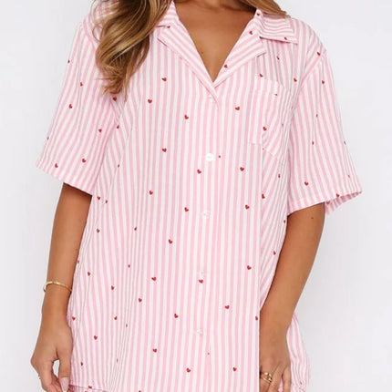 Valentine's Day Printed Collared Neck Short Sleeve Top and Shorts Set