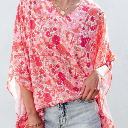 Floral V-Neck Three-Quarter Sleeve Blouse