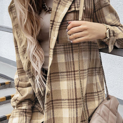 Plaid Button Up Long Sleeve Hooded Jacket