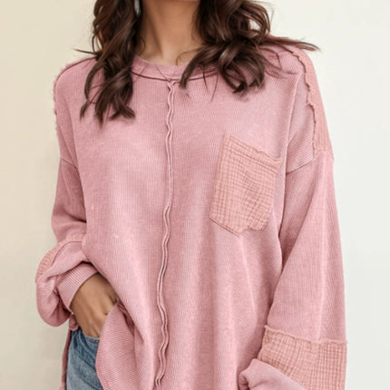 Exposed Seam Round Neck Long Sleeve Sweatshirt