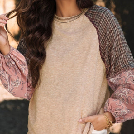 Plaid Floral Patchwork Round Neck Long Sleeve Top