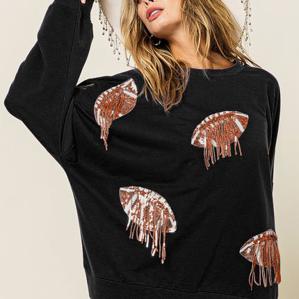 BiBi Sequin Fringe Football Patch Round Neck Sweatshirt