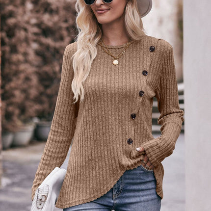 Double Take Ribbed Round Neck Buttoned Long Sleeve Tee