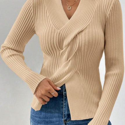 Twist Front Ribbed Long Sleeve Sweater