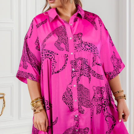 Plus Size Tiger Printed Button Up Half Sleeve Dress