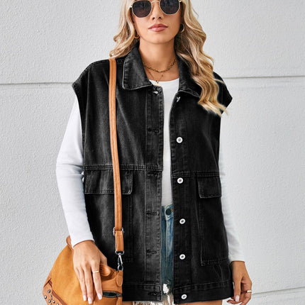 Pocketed Button Up Sleeveless Denim Jacket