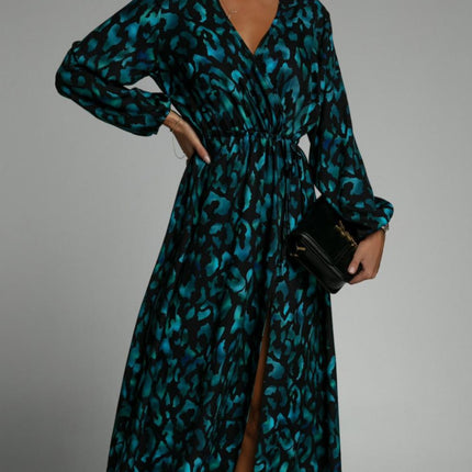 Slit Printed Surplice Long Sleeve Dress