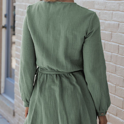 Round Neck Long Sleeve Tie Waist Dress