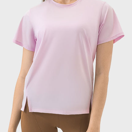 Slit Round Neck Short Sleeve Active T-Shirt