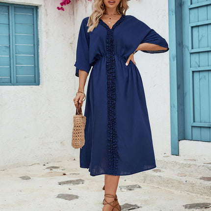 Frill Slit V-Neck Three-Quarter Sleeve Dress