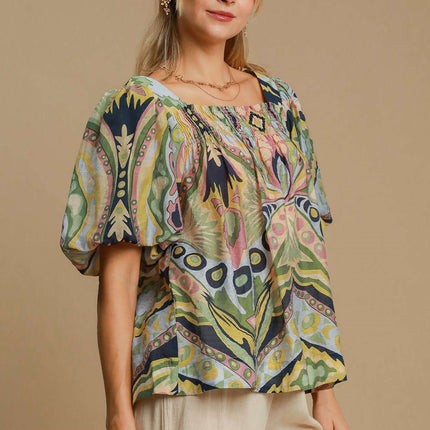 Umgee Full Size Abstract Print Smocked Square Neck Puff Sleeve Blouse