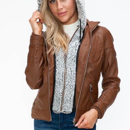 YMI Faux Layered Double-Zipper Jacket with Fuzzy Hood