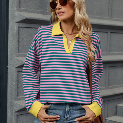 Striped Johnny Collar Long Sleeve Sweatshirt