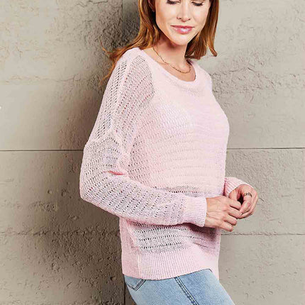 Double Take Openwork Round Neck Dropped Shoulder Knit Top