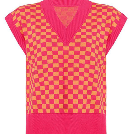 Full Size Checkered V-Neck Cap Sleeve Sweater