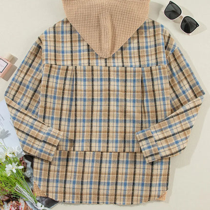 Drawstring Plaid Button Up Hooded Shacket