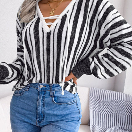 Striped Lace-Up Long Sleeve Sweater