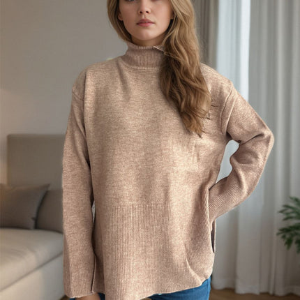 Side Slit Turtleneck Long Sleeve Sweater