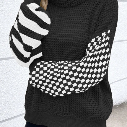 Checkered Striped Turtleneck Long Sleeve Sweater