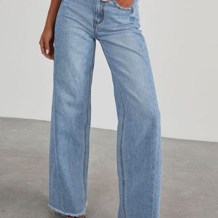 Raw Hem Wide Leg Jeans with Pockets