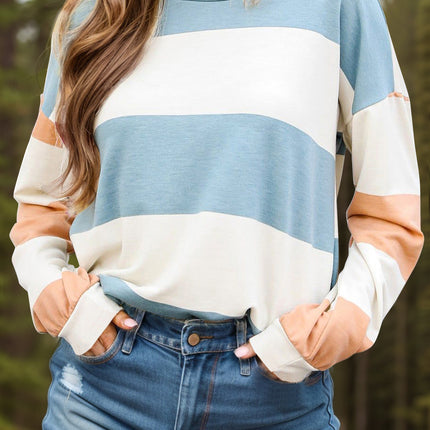 Contrast Color Block Round Neck Long Sleeve Top