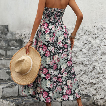 Smocked Printed Halter Neck Midi Dress