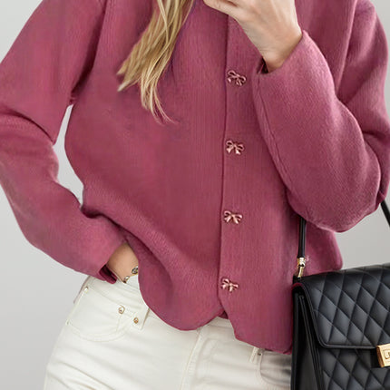 Bow Button Down Round Neck Long Sleeve Cardigan