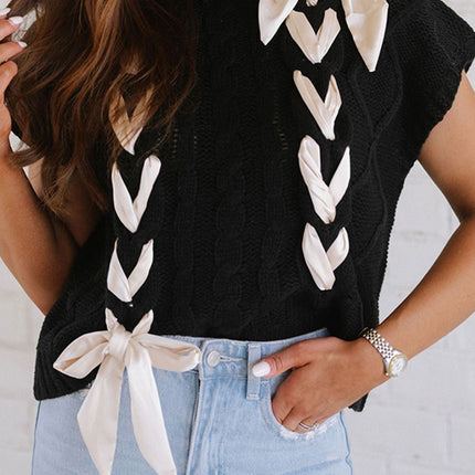 Lace-Up Mock Neck Short Sleeve Sweater