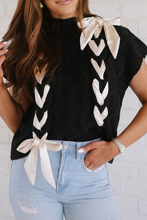 Lace-Up Mock Neck Short Sleeve Sweater