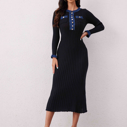 Contrast Trim Round Neck Long Sleeve Sweater Dress