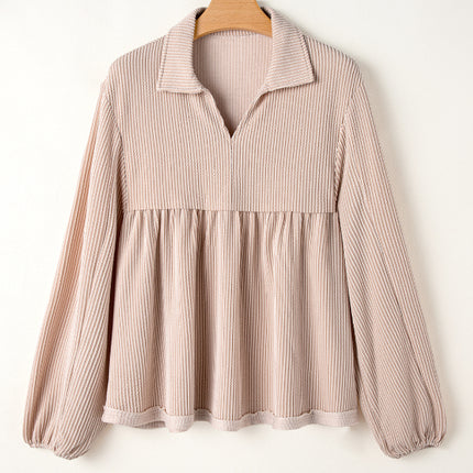 Corded Johnny Collar Long Sleeve Babydoll Blouse