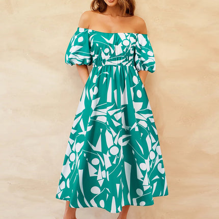 Printed Off-Shoulder Balloon Sleeve Dress