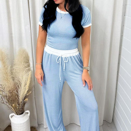 Contrast Trim Round Neck Top and Pants Set