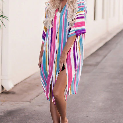 Striped Side Slit Open Front Cardigan