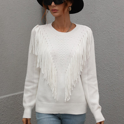 Double Take Fringe Detail Ribbed Trim Sweater