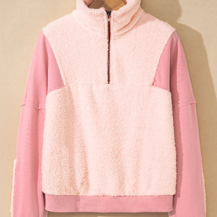 Exposed Seam Fuzzy Patchwork Quarter Zip Sweatshirt