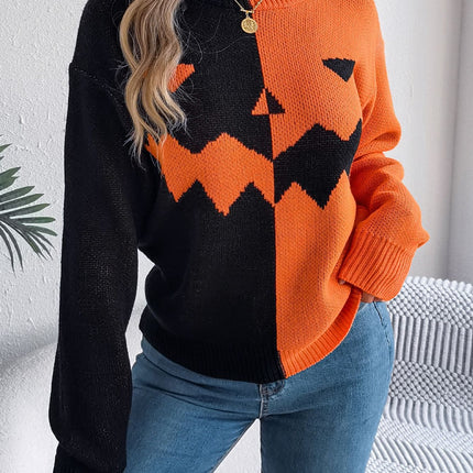 Contrast Round Neck Long Sleeve Sweater