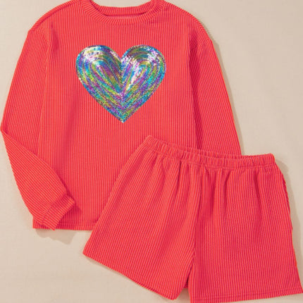 Sequin Heart Round Neck Long Sleeve Top and Shorts  Set